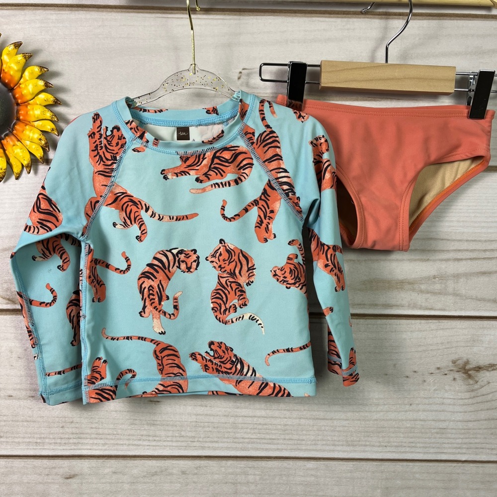 Tea Kids Rashguard Swim Top Coral Bottoms Tiger Print Set 2 Swimsuit